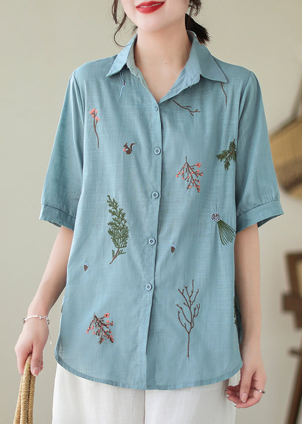 Lake Blue Cotton Shirt Peter Pan Collar Embroideried Summer