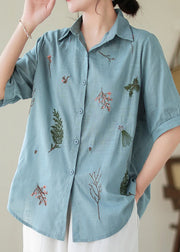 Lake Blue Cotton Shirt Peter Pan Collar Embroideried Summer