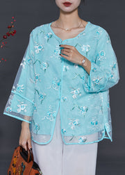 Lake Blue Organza Shirt Top Embroidered Summer