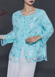 Lake Blue Organza Shirt Top Embroidered Summer