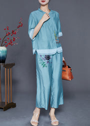 Lake Blue Patchwork Linen Silk Two Piece Set Women Clothing Embroideried Summer