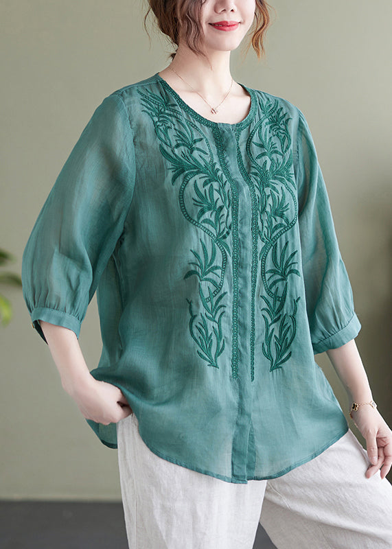 Lake Green Loose Linen Blouse Tops Embroideried Bracelet Sleeve