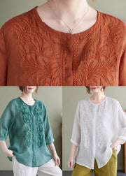 Lake Green Loose Linen Blouse Tops Embroideried Bracelet Sleeve