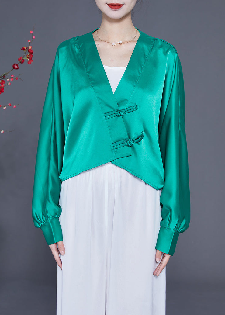 Lake Green Oversized Silk Blouses V Neck Chinese Button Spring