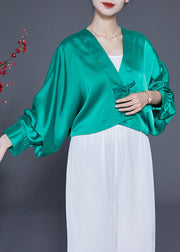 Lake Green Oversized Silk Blouses V Neck Chinese Button Spring