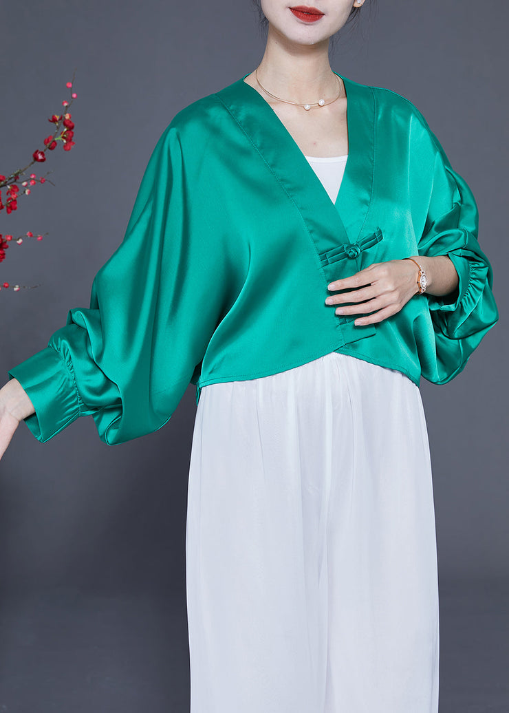 Lake Green Oversized Silk Blouses V Neck Chinese Button Spring