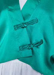 Lake Green Oversized Silk Blouses V Neck Chinese Button Spring