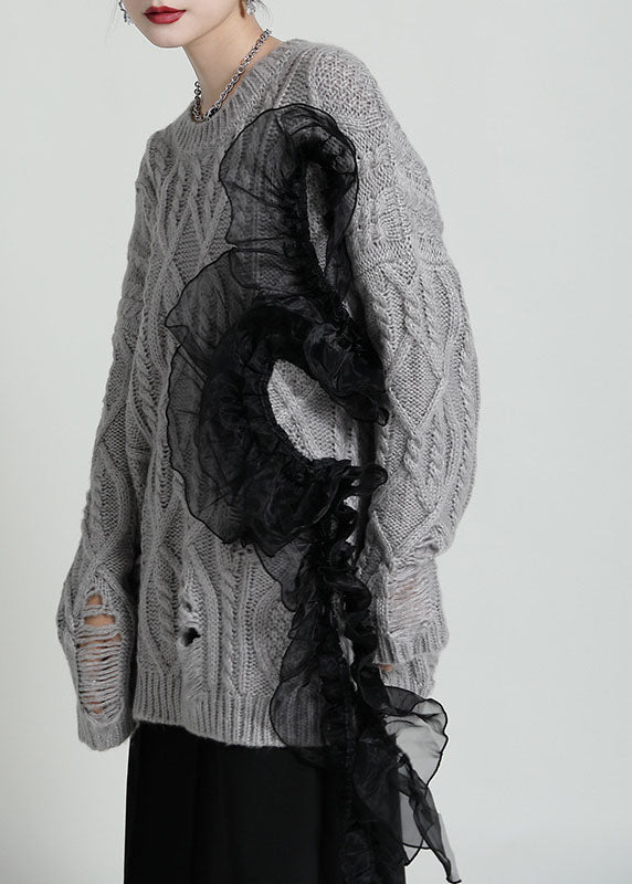 Lazy Grey Tulle Patchwork Ripped Knit Sweater Tops Winter