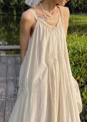 Leisure Apricot Wrinkled Spaghetti Strap Vacation Long Dress Sleeveless