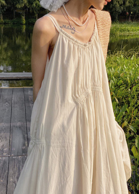 Leisure Apricot Wrinkled Spaghetti Strap Vacation Long Dress Sleeveless