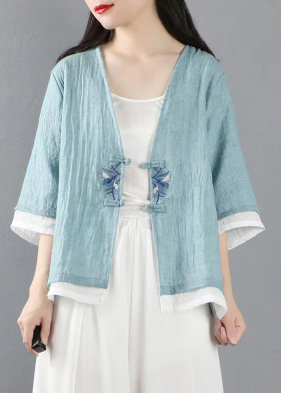 Light Blue Button Patchwork Linen Tops Coats V Neck Half Sleeve