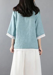 Light Blue Button Patchwork Linen Tops Coats V Neck Half Sleeve