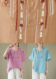 Light Blue Cotton Shirt Top Oversized Embroideried Summer