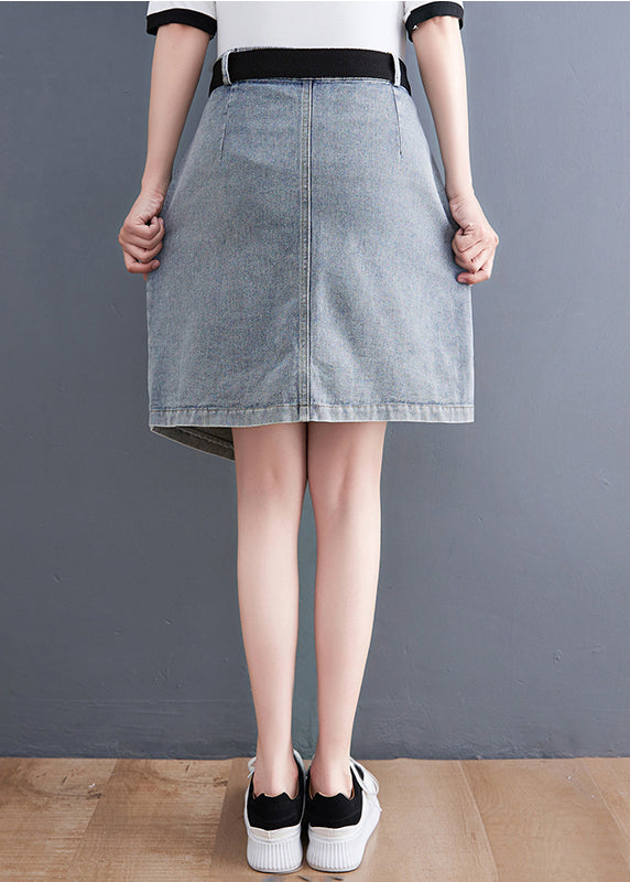 Light Blue Denim Skirts Asymmetrical Design Elastic Waist Summer