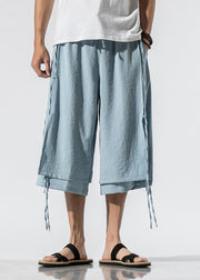 Light Blue Elastic Waist Tassel Men Crop Pants Summer