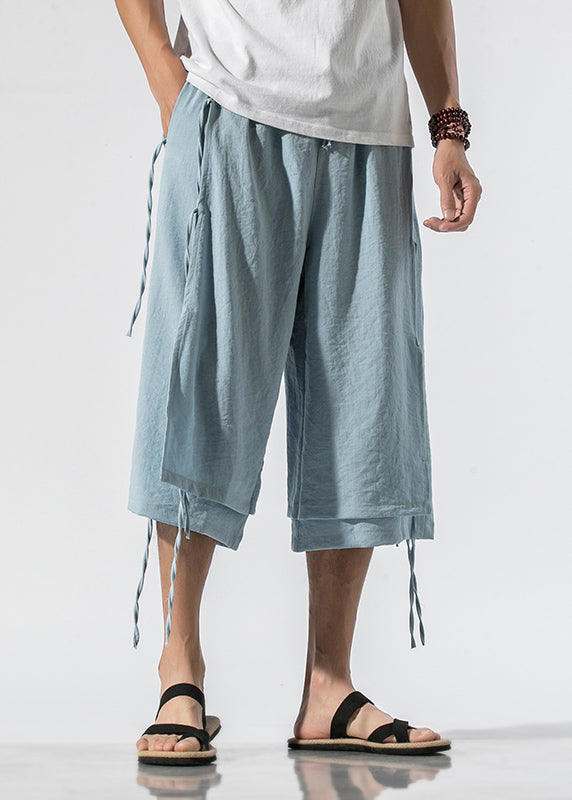 Light Blue Elastic Waist Tassel Men Crop Pants Summer