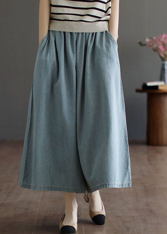 Light Blue Elastic Waist Wide Leg Pants Skirt