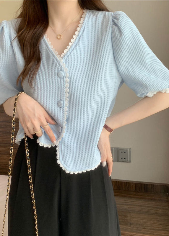 Light Blue Lace Patchwork Cotton Top V Neck Button Short Sleeve