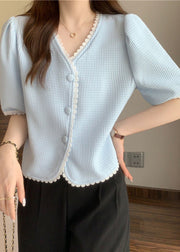 Light Blue Lace Patchwork Cotton Top V Neck Button Short Sleeve