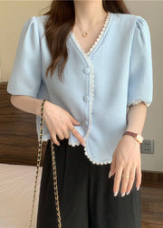 Light Blue Lace Patchwork Cotton Top V Neck Button Short Sleeve