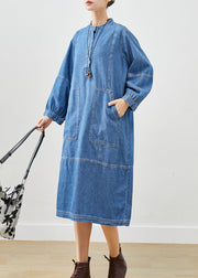 Light Blue Loose Cotton Mid Dress Stand Collar Pockets Fall