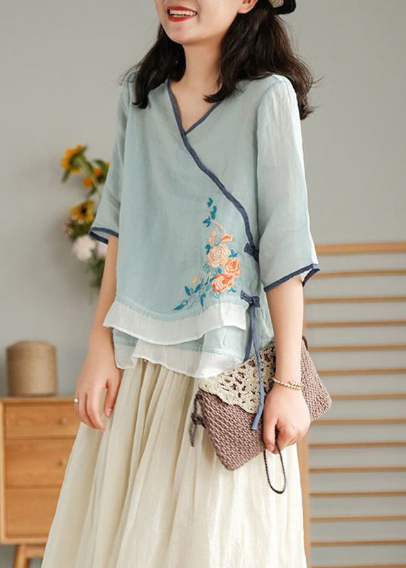 Light Blue O Neck Asymmetrical Lace Up  Linen Top Spring