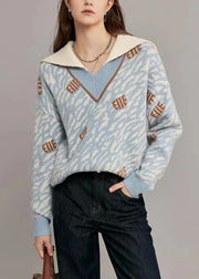 Light Blue Original Design Knit Sweaters Sailor Collar Winter