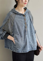 Light Blue Patchwork Denim Tops Hooded Long Sleeve