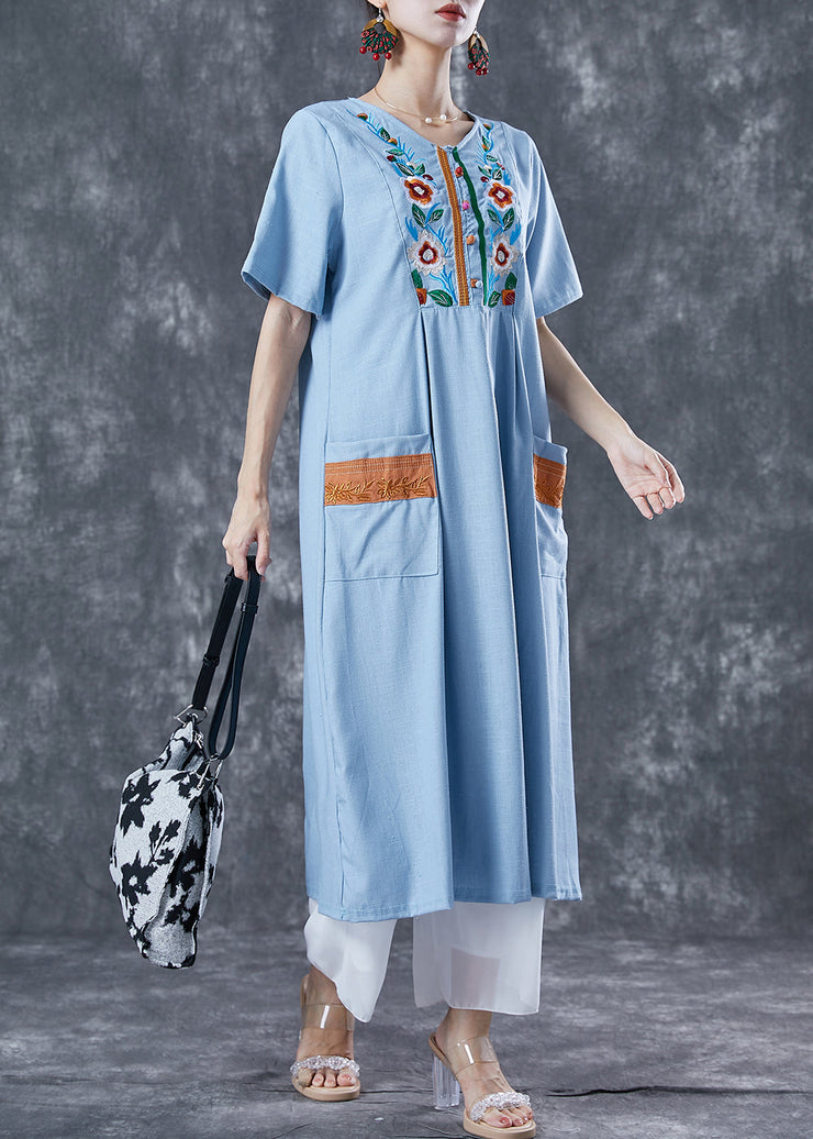 Light Blue Patchwork Linen Long Dress Embroideried Summer