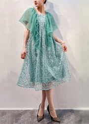 Light Blue Patchwork Tulle Dresses Ruffled Embroideried Summer