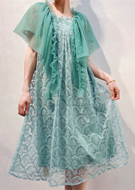 Light Blue Patchwork Tulle Dresses Ruffled Embroideried Summer