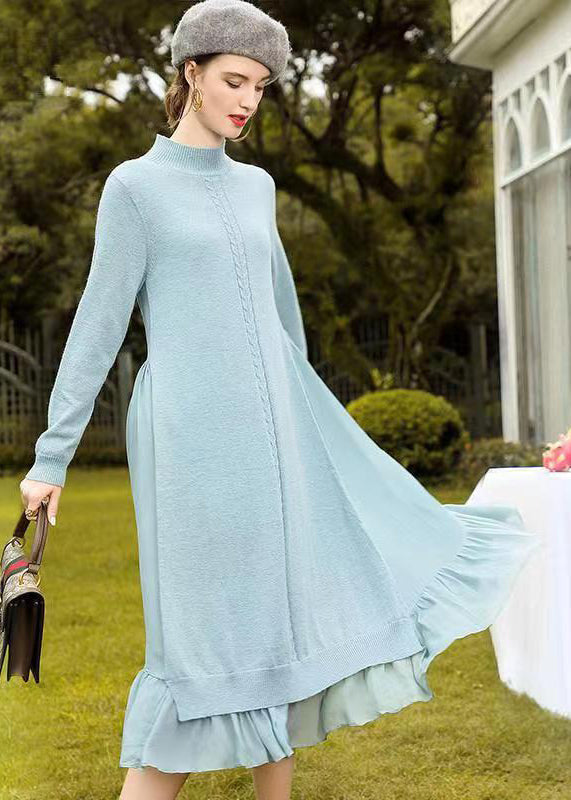 Light Blue Patchwork Woolen Dress Wrinkled Stand Collar Fall