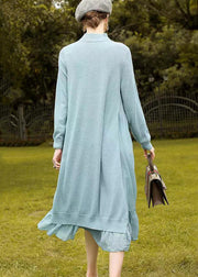 Light Blue Patchwork Woolen Dress Wrinkled Stand Collar Fall