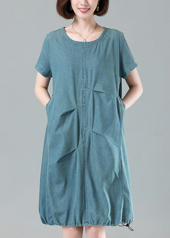 Light Blue Pockets Denim Dresses O Neck Short Sleeve