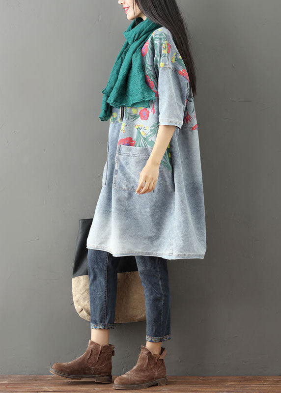 Light Blue Pockets Print Denim Mid Dress O Neck Summer