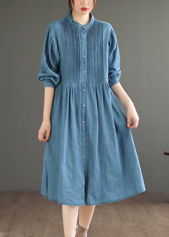 Light Blue Wrinkled Patchwork Denim O-Neck Dress Long Sleeve