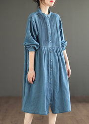 Light Blue Wrinkled Patchwork Denim O-Neck Dress Long Sleeve