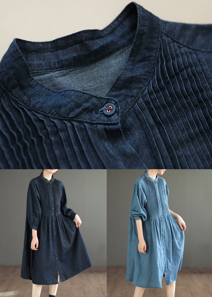 Light Blue Wrinkled Patchwork Denim O-Neck Dress Long Sleeve