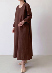 Light Brown Square Collar Linen Maxi Dress Long Sleeve