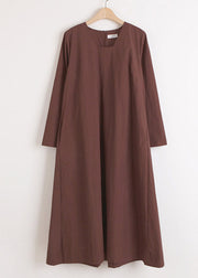 Light Brown Square Collar Linen Maxi Dress Long Sleeve