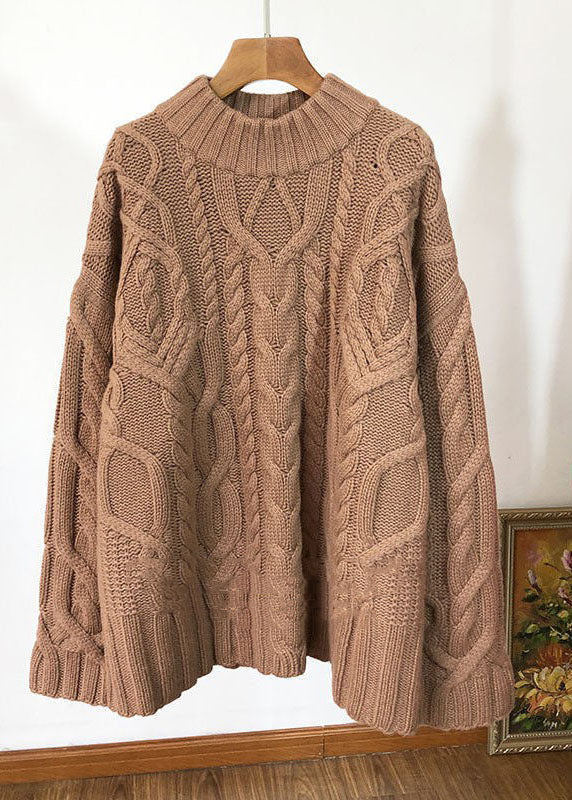 Light Camel Cable Knit Sweaters High Neck Oversized Winter