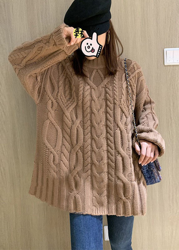 Light Camel Cable Knit Sweaters High Neck Oversized Winter