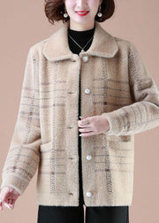 Light Camel Print Mink Hair Knitted Coats Square Collar Button Winter