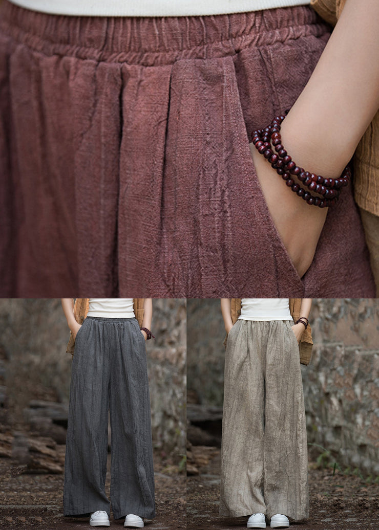 Light Camel Tie Dye Patchwork Elastic Waist Linen Wide Leg Pants