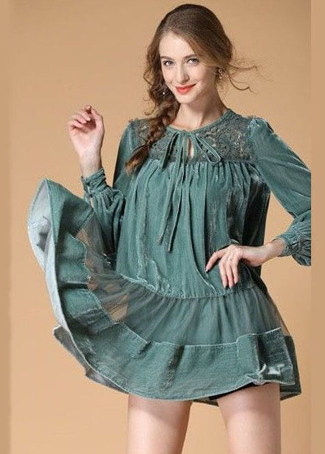 Light Green Embroideried Velour Dress O Neck Spring