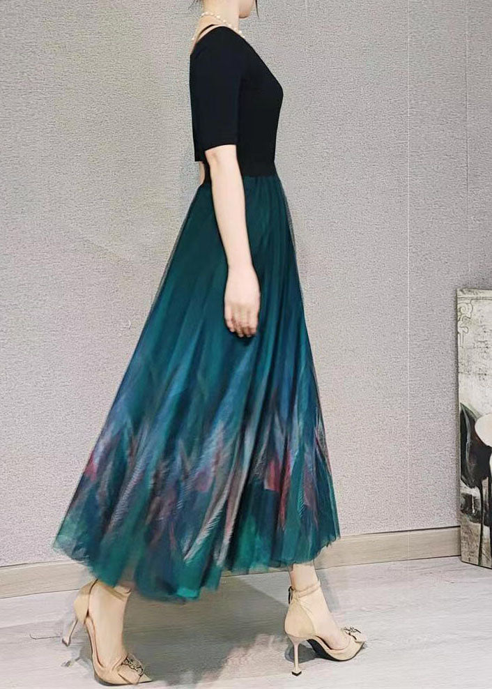 Light Green Gradient Color Print Tulle Skirt Wrinkled Spring