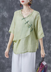 Light Green Linen Shirts Asymmetrical Chinese Button Summer