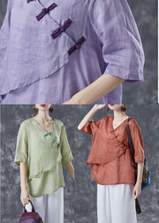 Light Green Linen Shirts Asymmetrical Chinese Button Summer