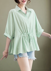 Light Green Loose Cotton Tops Ruffled Tie Waist Batwing Sleeve