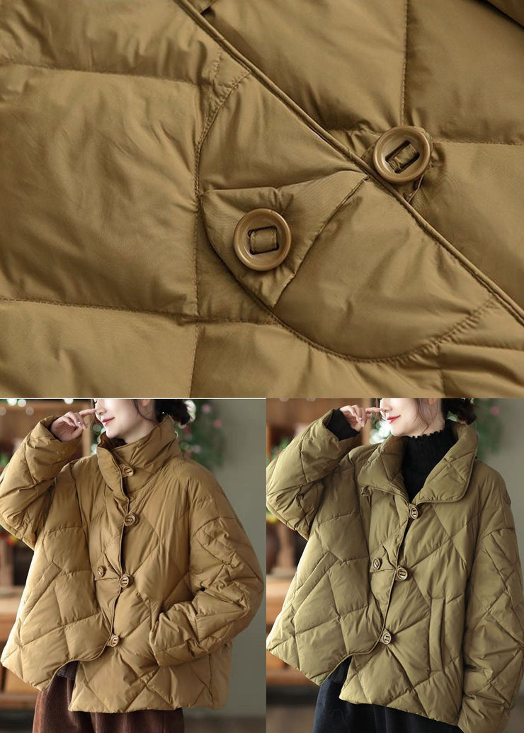 Light Green Loose Duck Down Jacket In Winter Stand Collar Button Winter